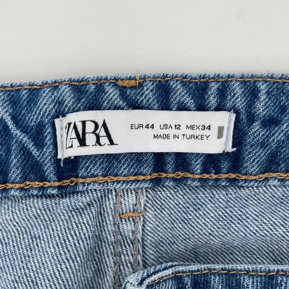 Zara Straight‎ Leg Jeans Womens 12 Blue High Rise Raw Hem Relaxed